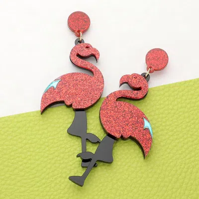 Fashnzfab Glittered Resin Flamingo Dangle Earrings In Red