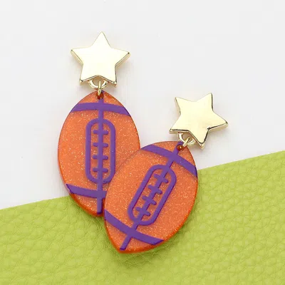 FASHNZFAB GLITTERED RESIN GAME DAY FOOTBALL DANGLE EARRINGS - ORANGE, PURPLE