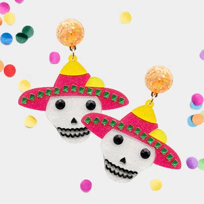 Fashnzfab Glittered Resin Hat Skull Dangle Earrings In Pink