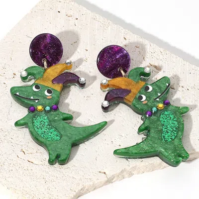 Fashnzfab Glittered Resin Mardi Gras Crocodile/alligator Dangle Earrings - Green