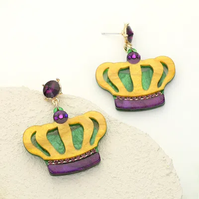 Fashnzfab Glittered Resin Mardi Gras Crown Dangle Earrings - Multi In Gold