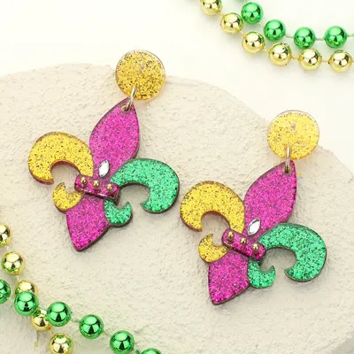 Fashnzfab Glittered Resin Mardi Gras Fleur De Lis Dangle Earrings In Multi