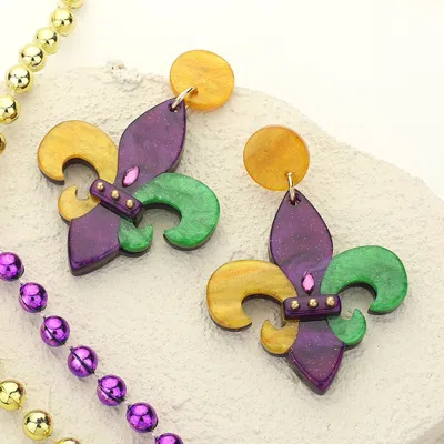 Fashnzfab Glittered Resin Mardi Gras Fleur De Lis Dangle Earrings In Purple