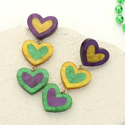 Fashnzfab Glittered Resin Mardi Gras Triple Heart Link Dropdown Earrings In Multi