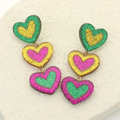 Fashnzfab Glittered Resin Mardi Gras Triple Heart Link Dropdown Earrings In Multi