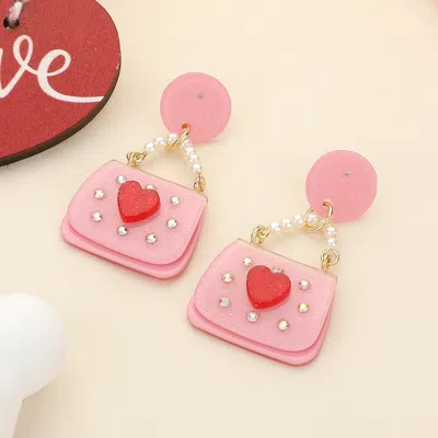 Fashnzfab Glittered Resin Pearl Heart Handbag Dangle Earrings In Pink