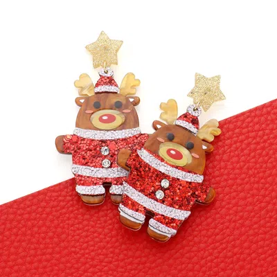 Fashnzfab Glittered Resin Star Santa Claus Rudolph Dangle Earrings - Brown