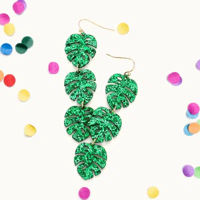 Fashnzfab Glittered Triple Tropical Leaf Link Dangle Earrings In Green