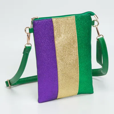 Fashnzfab Glittered Vertical Strip Mardi Gras Flat Mini Crossbody Bag In Green