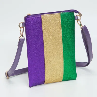 Fashnzfab Glittered Vertical Strip Mardi Gras Flat Mini Crossbody Bag In Purple