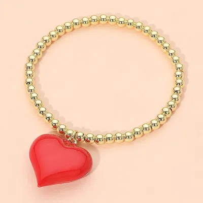 Fashnzfab Glossy Heart Pendant Stainless Steel Beaded Stretch Bracelet In Gold