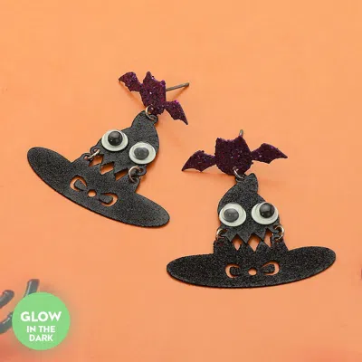 Fashnzfab Glow In The Dark Halloween Bat Witch Hat Dangle Earrings In Black