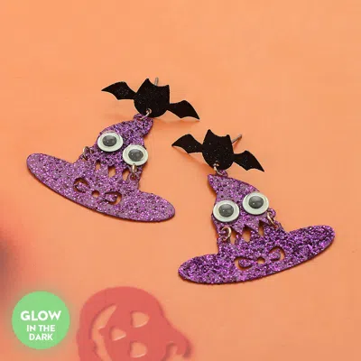 Fashnzfab Glow In The Dark Halloween Bat Witch Hat Dangle Earrings In Purple