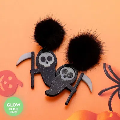 Fashnzfab Glow In The Dark Pom Pom Skull Grim Reaper Dangle Earrings In Black