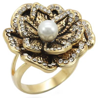Fashnzfab Gold Brass Ring With Synthetic Pearl In Citrine Yellow In Pattern