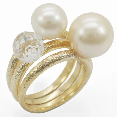 Fashnzfab Gold Brass Ring With Synthetic Pearl In Citrine Yellow In Pattern