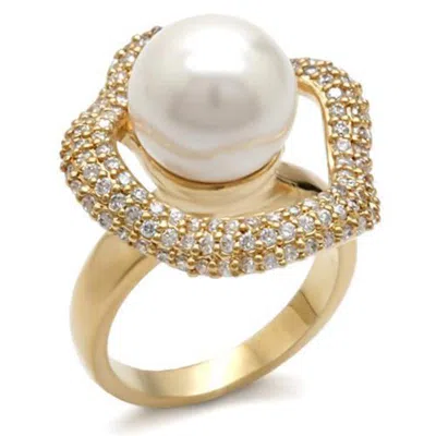 Fashnzfab Gold Brass Ring With Synthetic Pearl In White