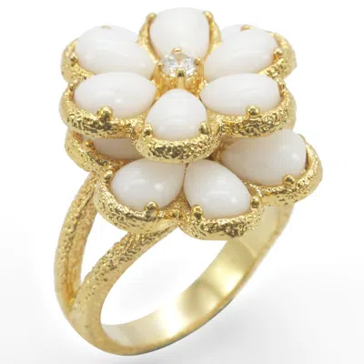 Fashnzfab Gold Brass Ring With Synthetic Synthetic Glass In White