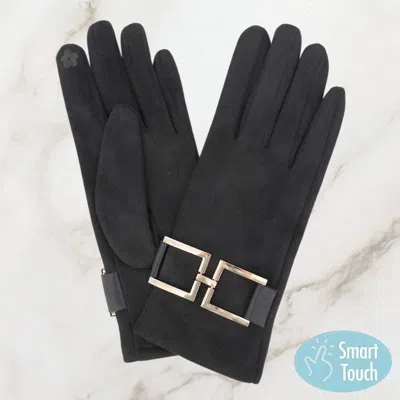 Fashnzfab Gold Buckle Accent Faux Suede Smart Touch Winter Gloves In Black