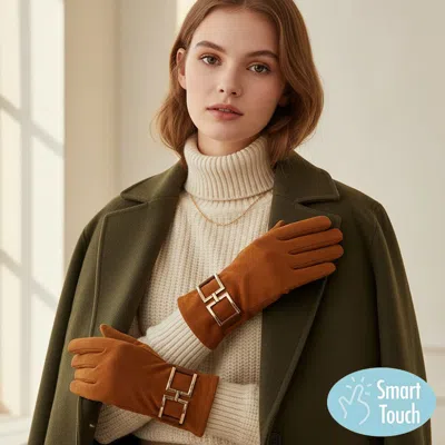Fashnzfab Gold Buckle Accent Faux Suede Smart Touch Winter Gloves In Multi