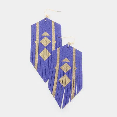 Fashnzfab Gold Detail Cut Suede Fringe Dangle Earrings In Blue