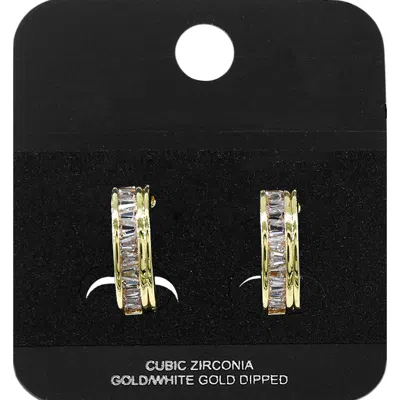 Fashnzfab Gold Dipped Baguette Cz Embellished Mini Open Hoop Earrings Gold