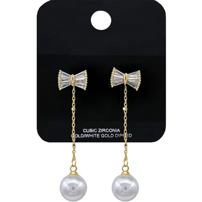 Fashnzfab Gold Dipped Baguette Cz Stone Bow Accent Pearl Drop Earrings - Gold