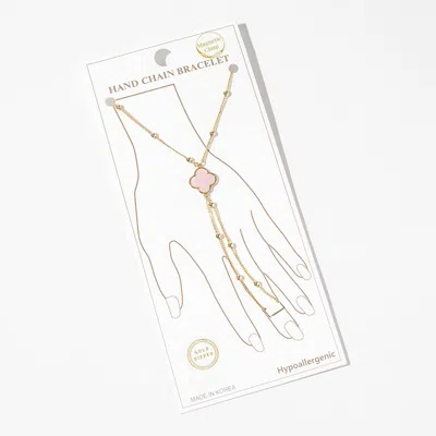 Fashnzfab Gold Dipped Beaded Mother Of Pearl Quatrefoil Accent Hand Chain Magnetic Bracelet