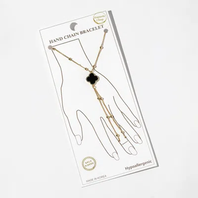 Fashnzfab Gold Dipped Beaded Mother Of Pearl Quatrefoil Accent Hand Chain Magnetic Bracelet In Silver