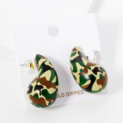 Fashnzfab Gold Dipped Camouflage Wood Teardrop Earrings - Green In Silver