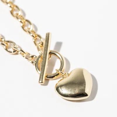 Fashnzfab Gold Dipped Chunky Chain Puffy Heart Toggle Pendant Necklace - Gold