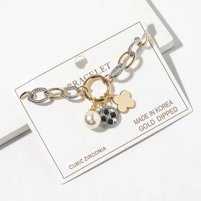 Fashnzfab Gold Dipped Cz Accent Quatrefoil Pearl Charm Two Tone Textured Link Chain Bracelet In Multi