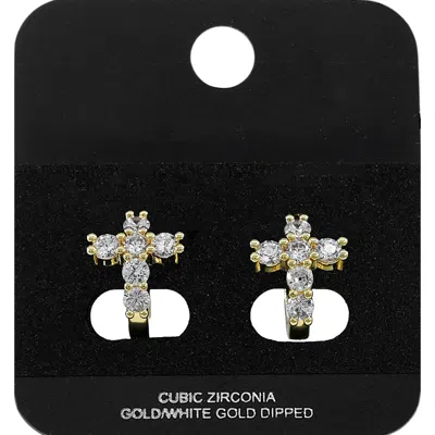 Fashnzfab Gold Dipped Cz Cluster Cross Mini Open Hoop Earrings Gold