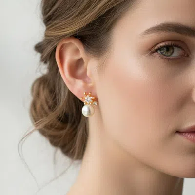 Fashnzfab Gold Dipped Cz Crown Pearl Drop Stud Earrings In Red