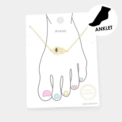Fashnzfab Gold Dipped Cz Embellished Hamsa Hand Charm Anklet - Gold