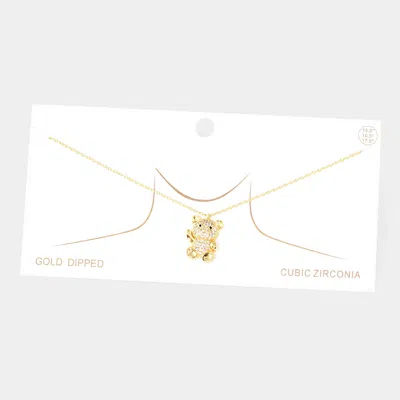 Fashnzfab Gold Dipped Cz Embellished Metal Bear Pendant Necklace