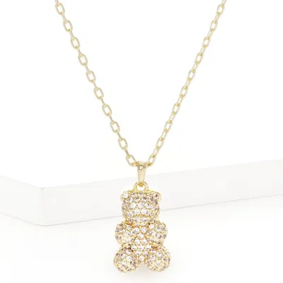 Fashnzfab Gold Dipped Cz Embellished Metal Bear Pendant Necklace