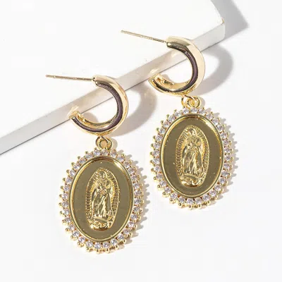 Fashnzfab Gold Dipped Cz Halo Virgin Mary Oval Medallion Drop Dangle Mini Hoop Earrings In Multi