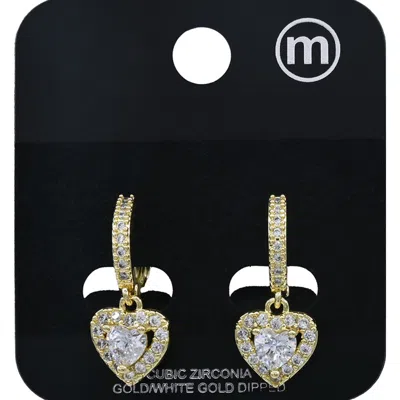 Fashnzfab Gold Dipped Cz Heart Halo Charm Drop Huggie Hoop Earrings