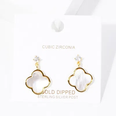 Fashnzfab Gold Dipped Cz Mother Of Pearl Quatrefoil Link Dangle Earrings - Gold