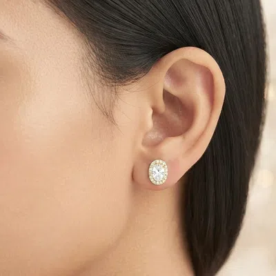Fashnzfab Gold Dipped Cz Oval Halo Stud Earrings