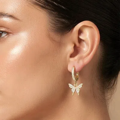 Fashnzfab Gold Dipped Cz Pave Butterfly Charm Drop Huggie Hoop Earrings