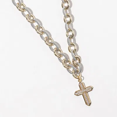 Fashnzfab Gold Dipped Cz Pave Cross Charm Accent Two Tone Link Chain Necklace In Transparent