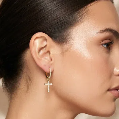 Fashnzfab Gold Dipped Cz Pave Cross Charm Drop Huggie Hoop Earrings