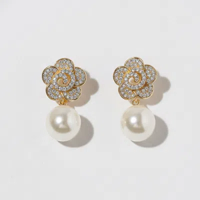 Fashnzfab Gold Dipped Cz Pave Flower Pearl Drop Earrings Cream, Gold