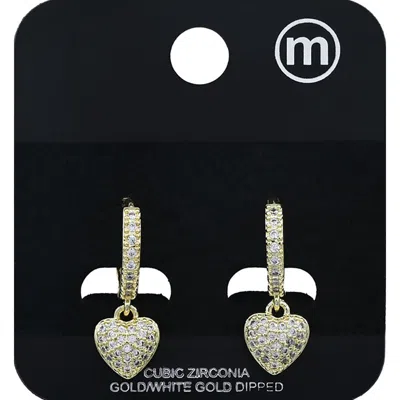 Fashnzfab Gold Dipped Cz Pave Heart Charm Drop Huggie Hoop Earrings 0.8" L