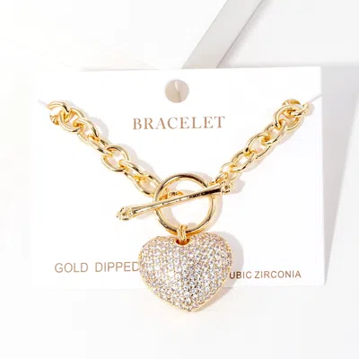 Fashnzfab Gold Dipped Cz Pave Heart Charm Toggle Bracelet Gold