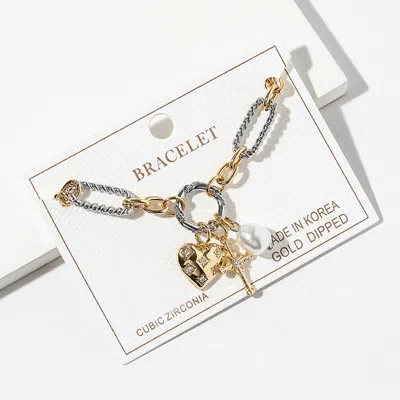 Fashnzfab Gold Dipped Cz Pave Heart Cross Pearl Charm Accent Two Tone Textured Link Chain Bracelet