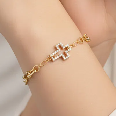 Fashnzfab Gold Dipped Cz Pave Open Cross Charm Accent Link Bracelet