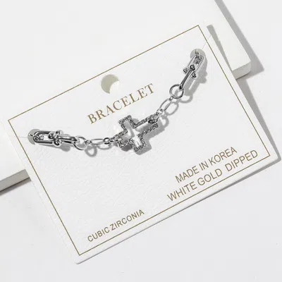 Fashnzfab Gold Dipped Cz Pave Open Cross Charm Accent Link Bracelet In Neutral